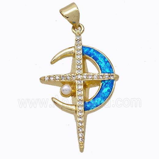 Copper Moon Pendant Pave Blue Fire Opal Cross 18K Gold Plated