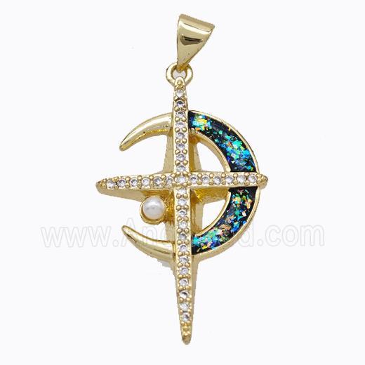 Copper Moon Pendant Pave Multicolor Fire Opal Cross 18K Gold Plated