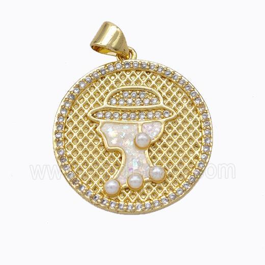 Beauty Charms Copper Circle Pendant Pave Zirconia Fire Opal 18K Gold Plated