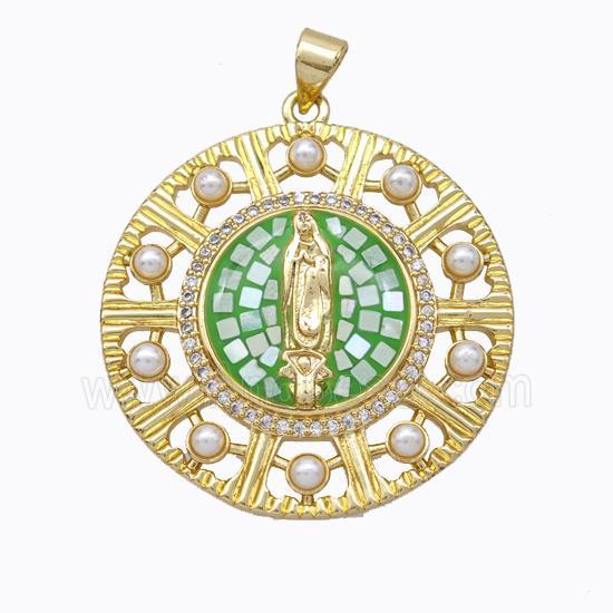 Virgin Mary Charms Copper Circle Pendant Pave Shell Resin 18K Gold Plated