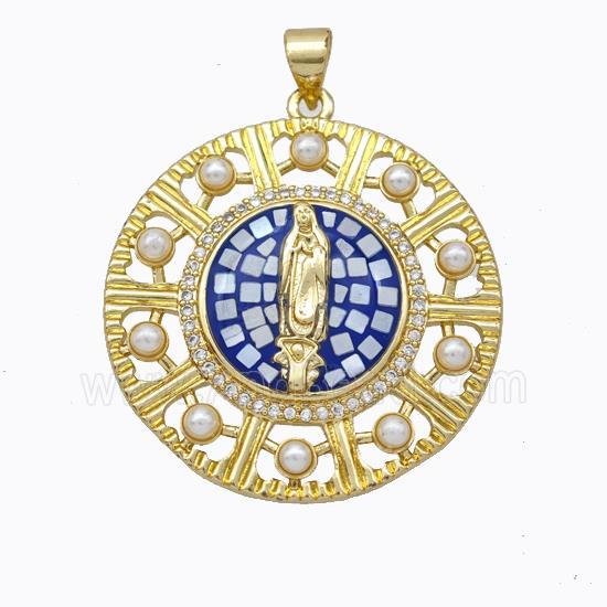 Virgin Mary Charms Copper Circle Pendant Pave Shell Resin 18K Gold Plated