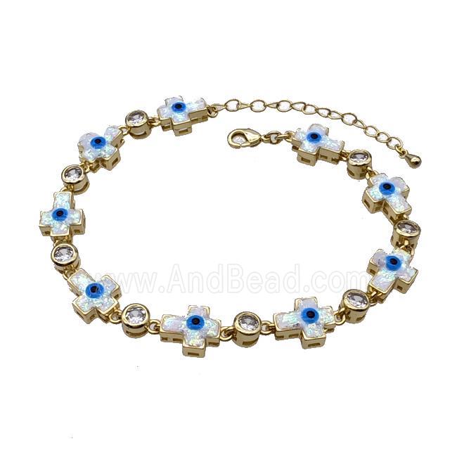 Copper Cross Bracelet Evil Eye Pave White Fire Opal 18K Gold Plated