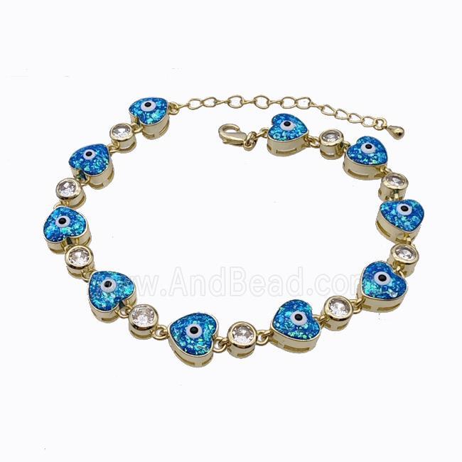 Copper Heart Bracelet Evil Eye Pave Blue Fire Opal 18K Gold Plated