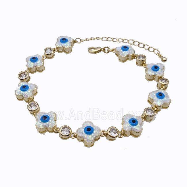 Copper Clover Bracelet Evil Eye Pave White Fire Opal 18K Gold Plated