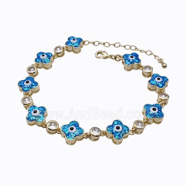 Copper Clover Bracelet Evil Eye Pave Blue Fire Opal 18K Gold Plated