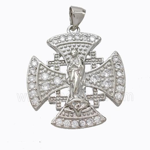 Copper Cross Pendant Pave Zirconia Virgin Mary Platinum Plated