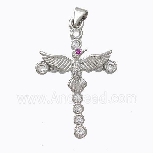 Copper Cross Pendant Pave Zirconia Birds Platinum Plated