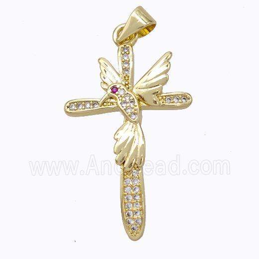 Copper Cross Pendant Pave Zirconia Birds Gold Plated