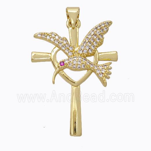 Copper Cross Pendant Pave Zirconia Birds Gold Plated