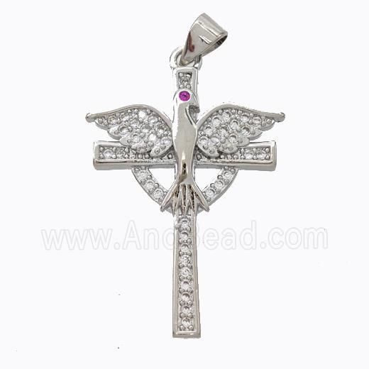 Copper Cross Pendant Pave Zirconia Birds Platinum Plated