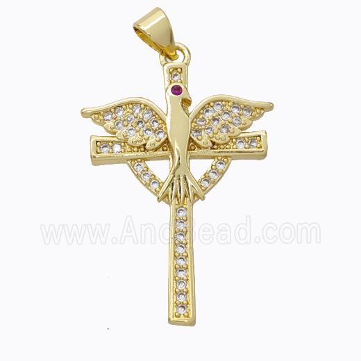 Copper Cross Pendant Pave Zirconia Birds Gold Plated