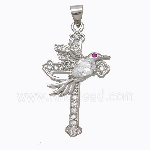 Copper Cross Pendant Pave Zirconia Birds Platinum Plated