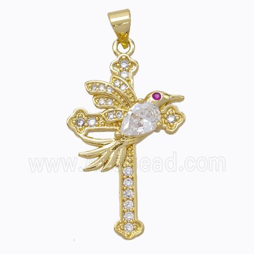 Copper Cross Pendant Pave Zirconia Birds Gold Plated