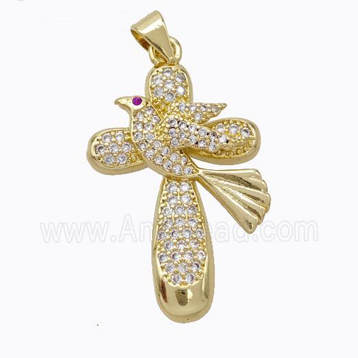 Copper Cross Pendant Pave Zirconia Birds Gold Plated