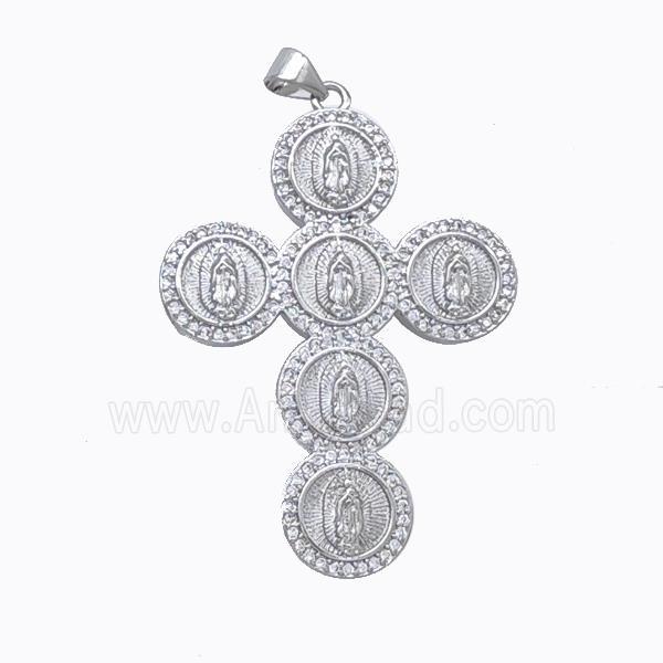 Copper Cross Pendant Pave Zirconia Virgin Mary Platinum Plated