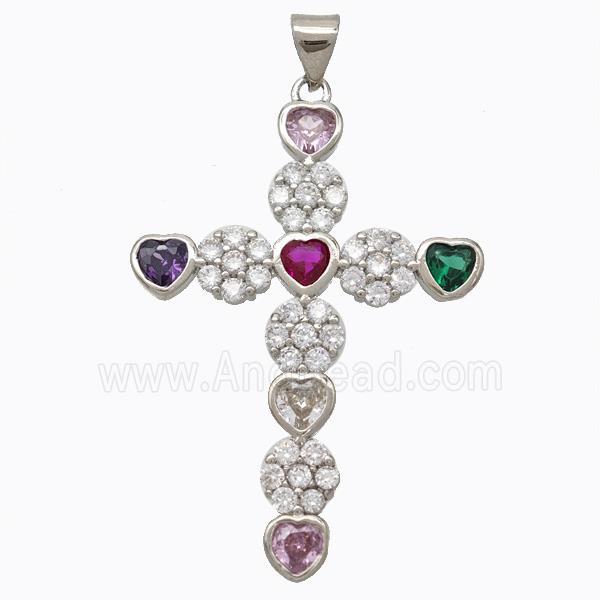Copper Cross Pendant Micropave Zirconia Heart Platinum Plated