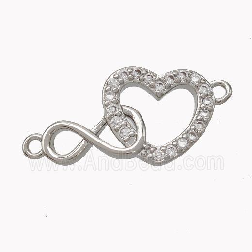 Copper Infinity Heart Connector Micropave Zirconia Platinum Plated
