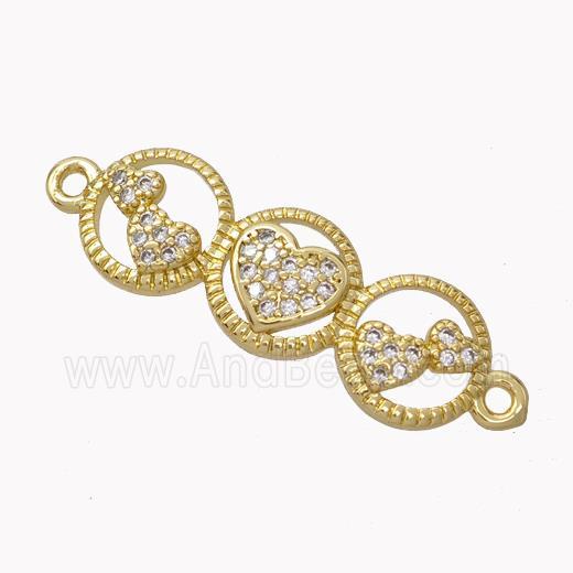Heart Links Copper Connector Micropave Zirconia Gold Plated
