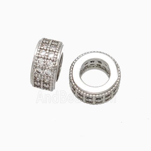 Copper Wheel Beads Micro Pave Zirconia Large Hole Rondelle Platinum Plated