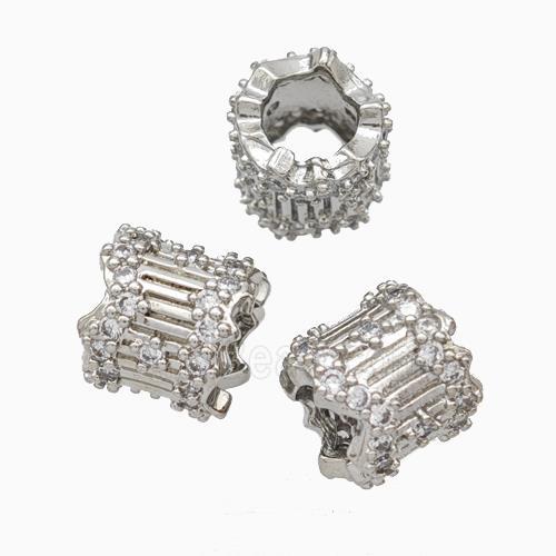 Copper Tube Beads Pave Zirconia Large Hole Platinum Plated