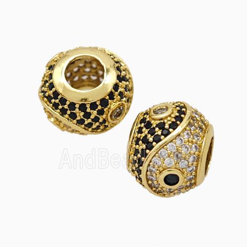 Copper Taichi Beads Micropave Zirconia Large Hole Round Gold Plated