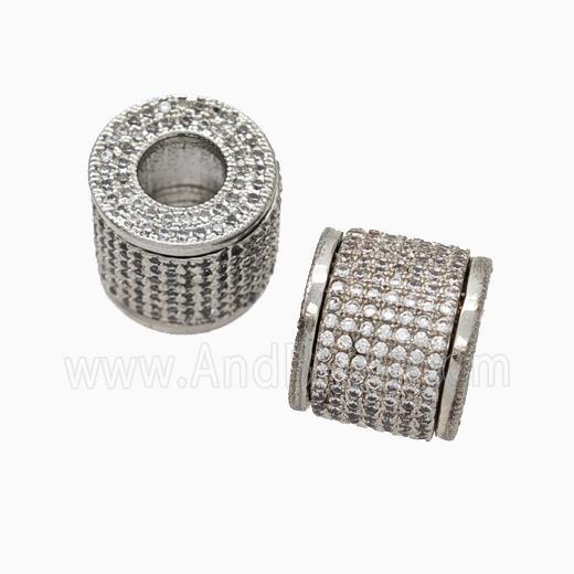 Copper Tube Beads Pave Zirconia Large Hole Column Platinum Plated
