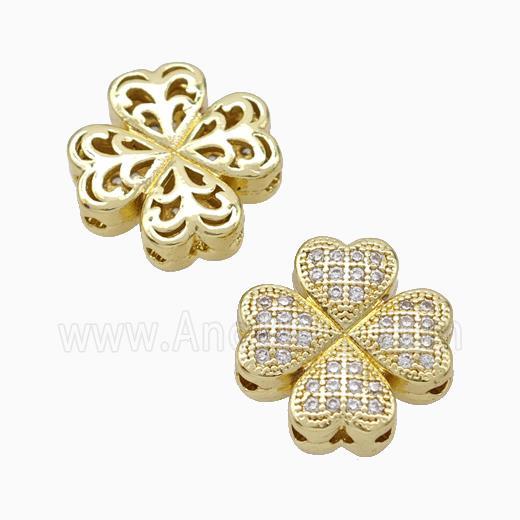 Copper Clover Beads Micropave Zirconia Gold Plated