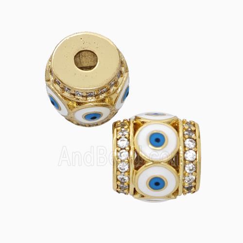 Copper Barrel Beads Pave Zirconia White Enamel Evil Eye Large Hole Gold Plated