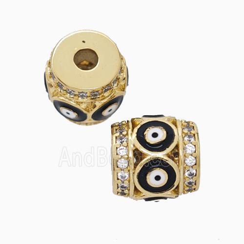 Copper Barrel Beads Pave Zirconia Black Enamel Evil Eye Large Hole Gold Plated