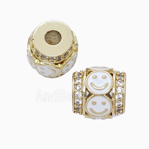 Copper Barrel Beads Pave Zirconia White Enamel Emoji Large Hole Gold Plated