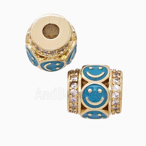 Copper Barrel Beads Pave Zirconia Teal Enamel Emoji Large Hole Gold Plated