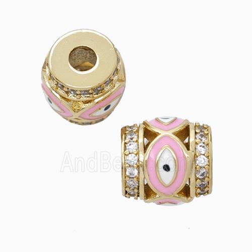 Copper Barrel Beads Pave Zirconia Pink Enamel Eye Large Hole Gold Plated