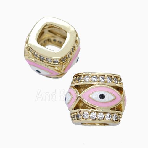 Copper Barrel Beads Pave Zirconia Pink Enamel Eye Large Hole Gold Plated