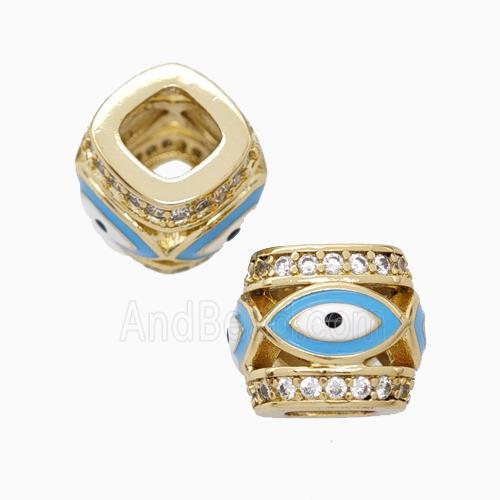 Copper Barrel Beads Pave Zirconia Blue Enamel Eye Large Hole Gold Plated
