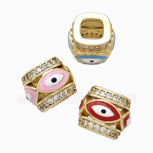 Copper Barrel Beads Pave Zirconia Enamel Eye Large Hole Gold Plated Mixed