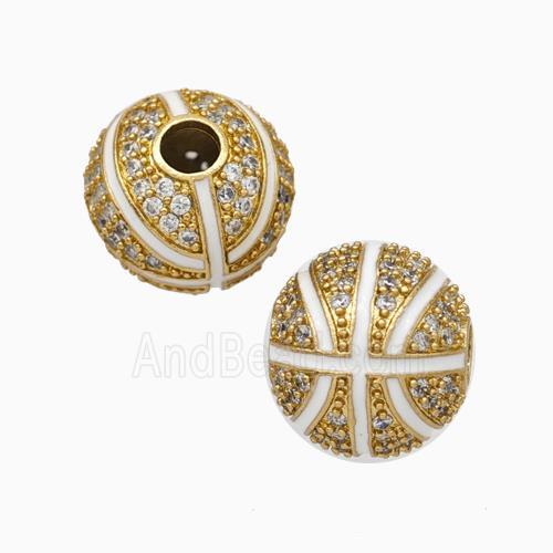 Copper Basketball Beads Pave Zirconia White Enamel Round Sport Gold Plated
