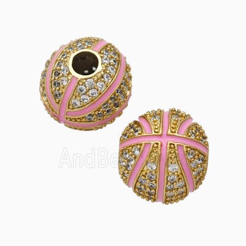 Copper Basketball Beads Pave Zirconia Pink Enamel Round Sport Gold Plated