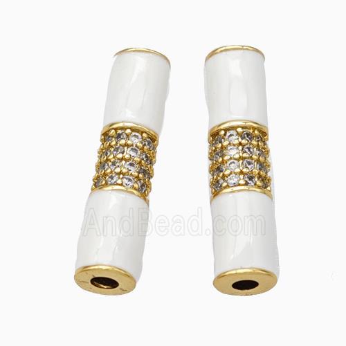 Copper Tube Beads Micropave Zirconia White Enamel White Enamel Gold Plated