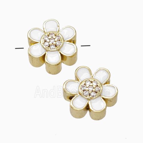 Copper Flower Beads Micropave Zirconia White Enamel Gold Plated