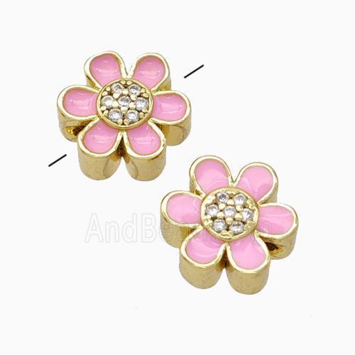 Copper Flower Beads Micropave Zirconia Pink Enamel Gold Plated