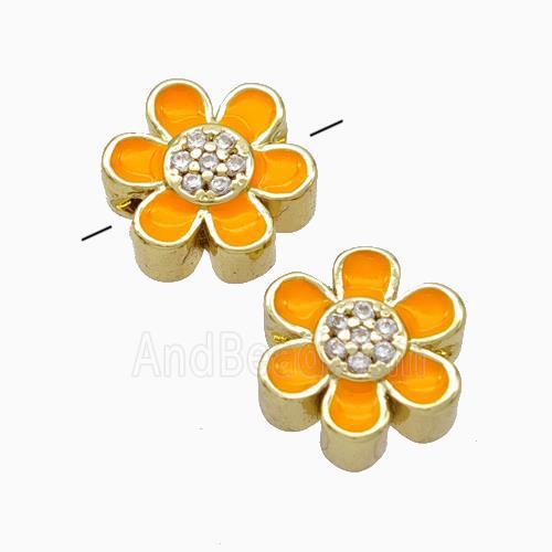 Copper Flower Beads Micropave Zirconia Orange Enamel Gold Plated