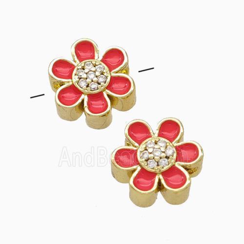 Copper Flower Beads Micropave Zirconia Red Enamel Gold Plated