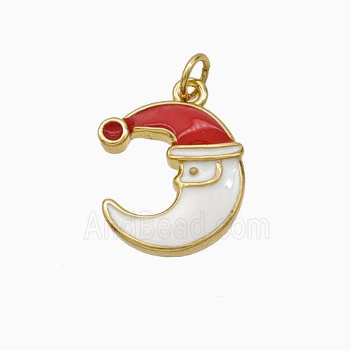 Christmas Santa Claus Copper Moon Pendant White Red Enamel Gold Plated
