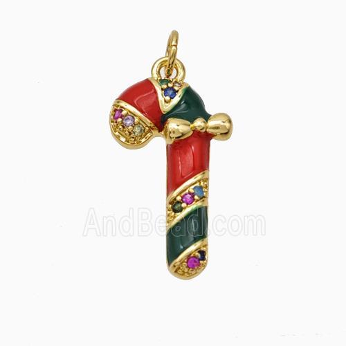 Christmas Candy Cane Charms Copper Pendant Pave Zirconia Red Enamel Gold Plated