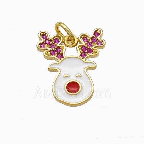 Christmas Reindeer Charms Copper Pendant Pave Zirconia White Enamel Gold Plated