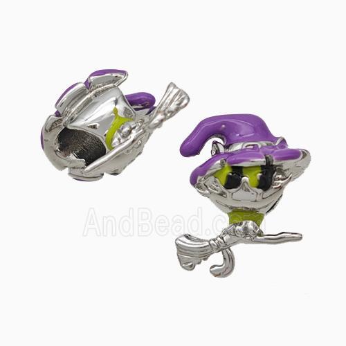Halloween Witch Charms Copper Beads Broom Purple Enamel Large Hole Platinum Plated