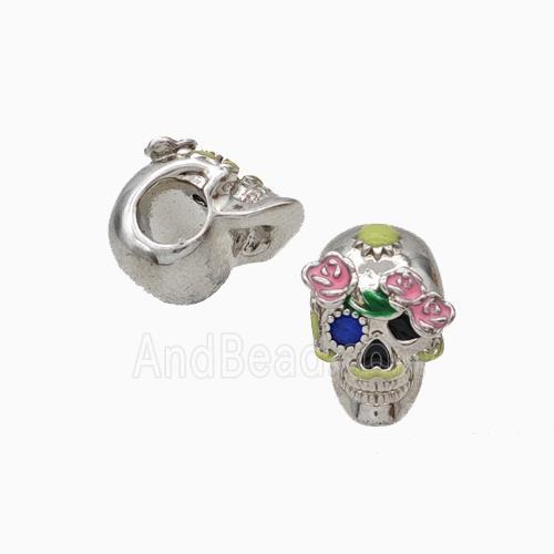 Halloween Skull Charms Copper Beads Pave Zirconia Enamel Large Hole Platinum Plated