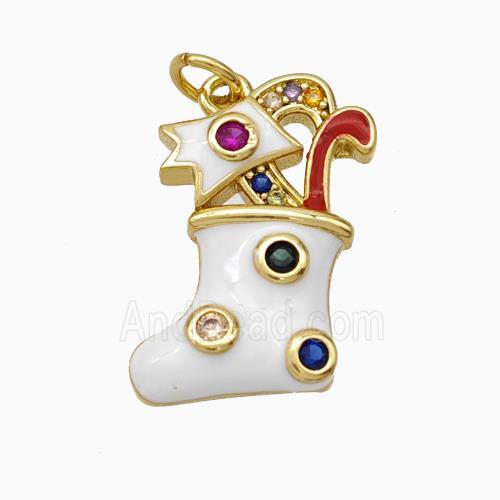 Christmas Stocking Charms Copper Pendant Pave Zirconia White Enamel Gold Plated
