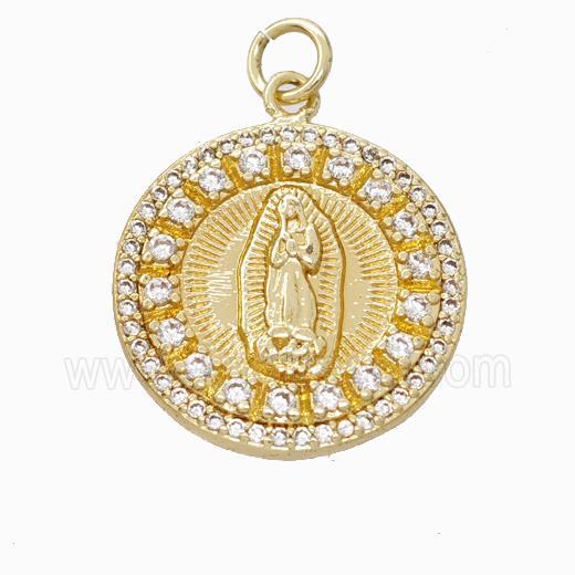 Virgin Mary Charms Copper Pendant Pave Zirconia Circle Gold Plated