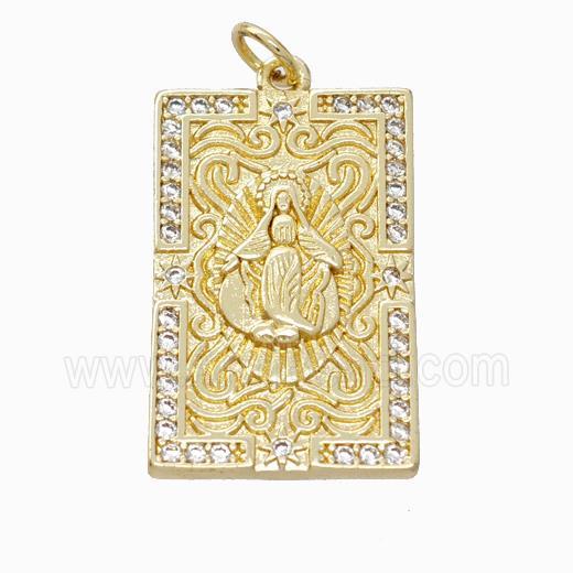 Virgin Mary Charms Copper Pendant Pave Zirconia Rectangle Gold Plated
